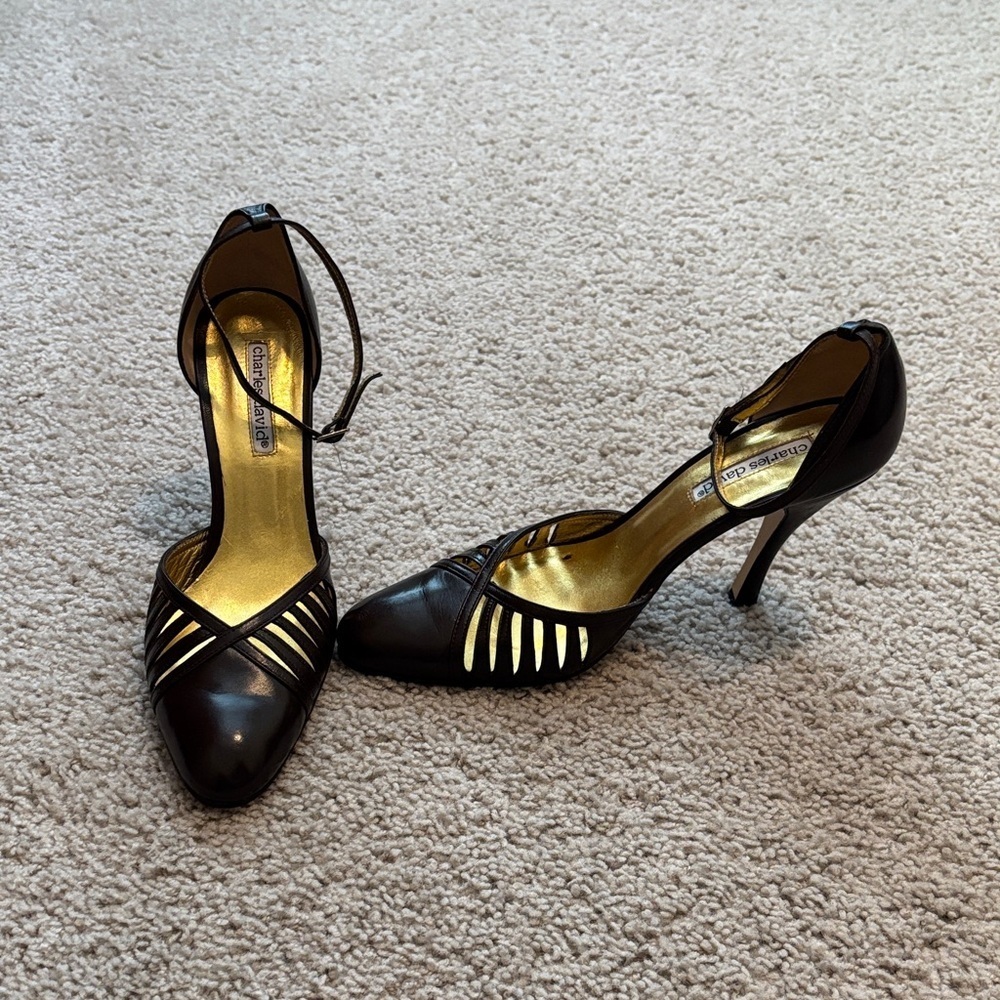 Charles David Dark Brown Stiletto Heels, Caged Design OnToe And Ankle Strap.